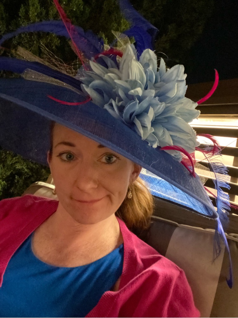 Royal Blue Wide-Brim Hat with Light Blue Flower and Pink Feather Accents